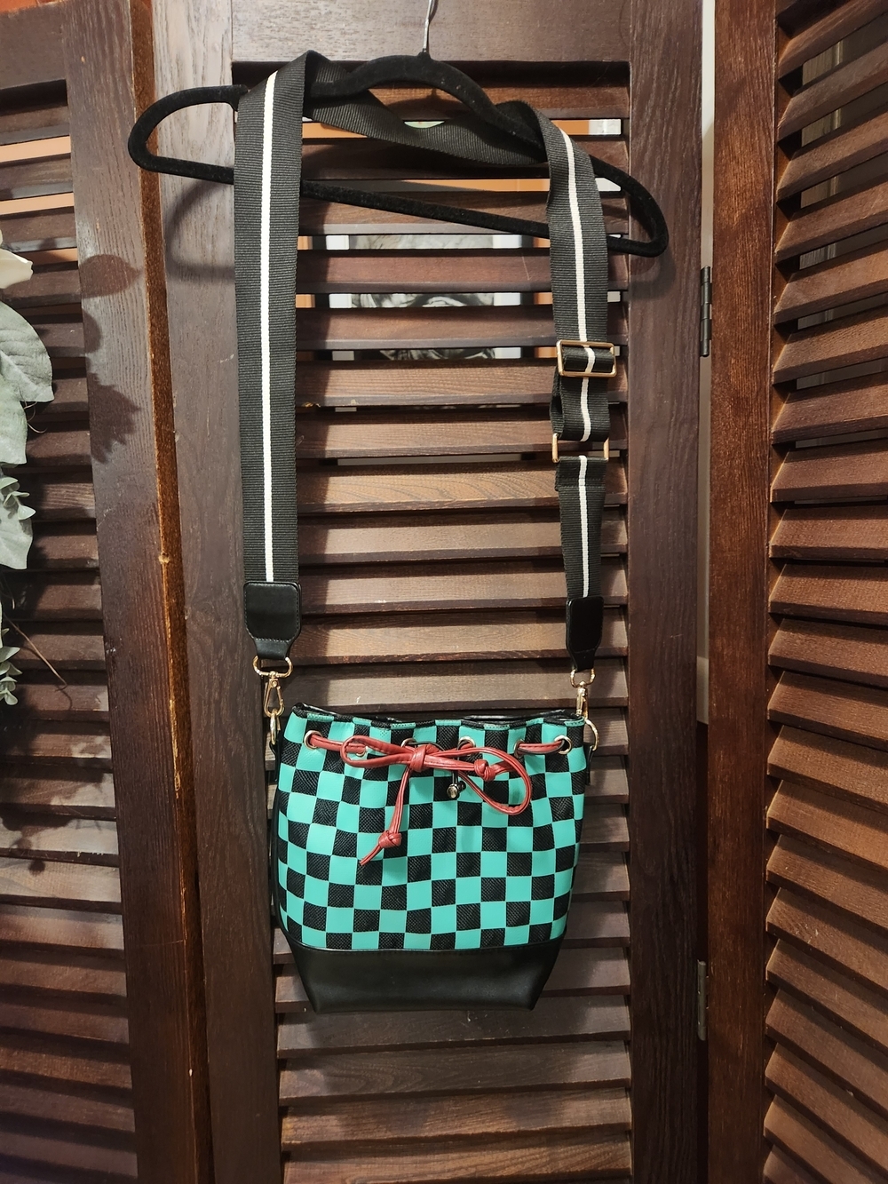 Black & Teal Checkered Crossbody Bucket Bag with Red Accent